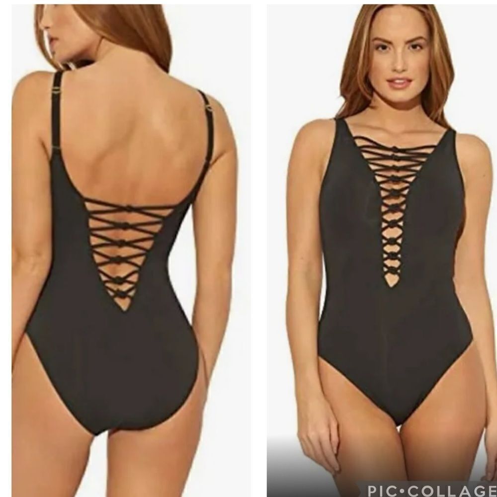 NWT Aqua Green Knot Criss Cross UPF 50 One Piece Swimsuit in Black Size: S